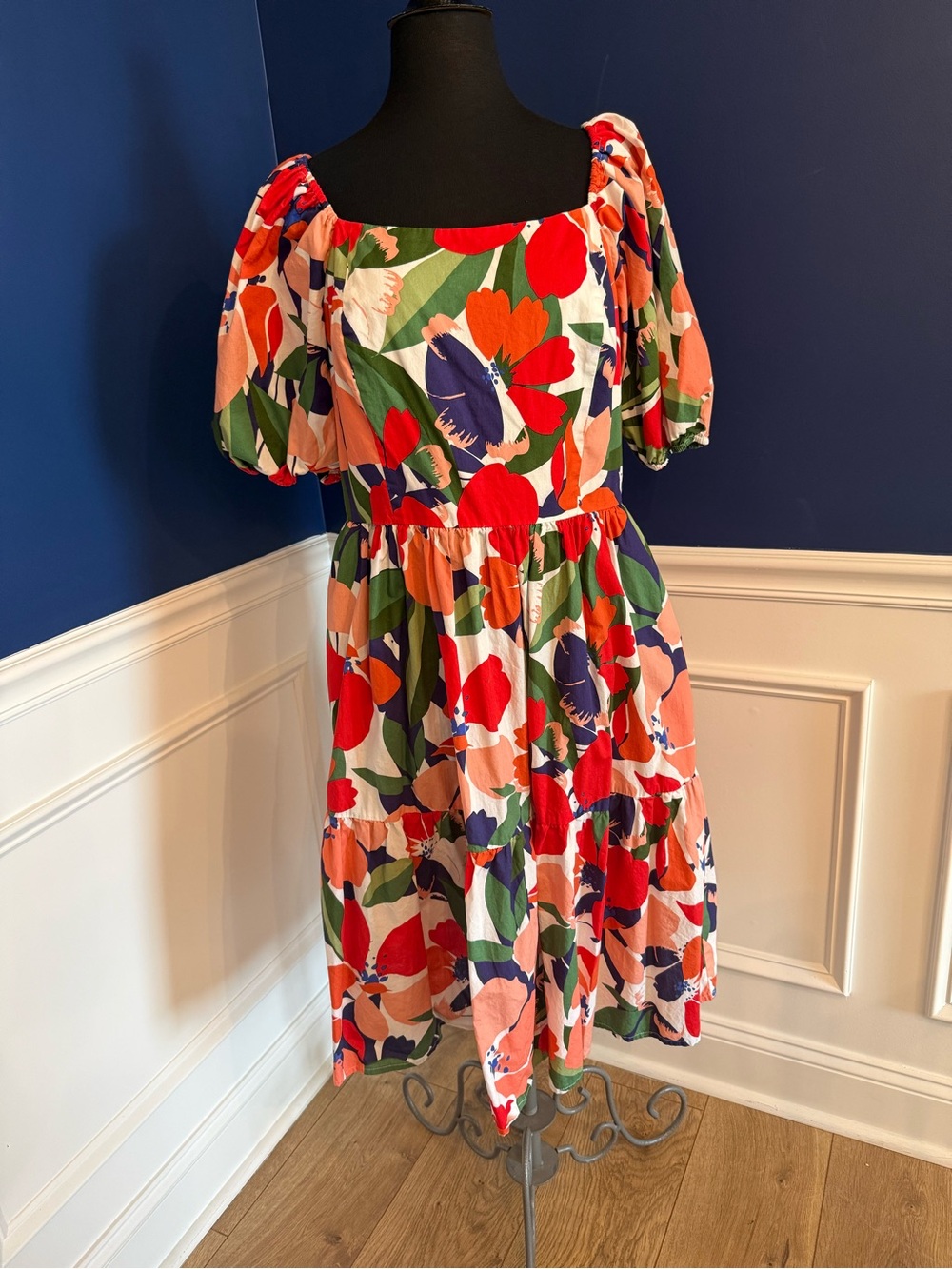 Vince Camuto Multicolor Floral Puff-Sleeve Dress - Red, Peach, Green, Navy